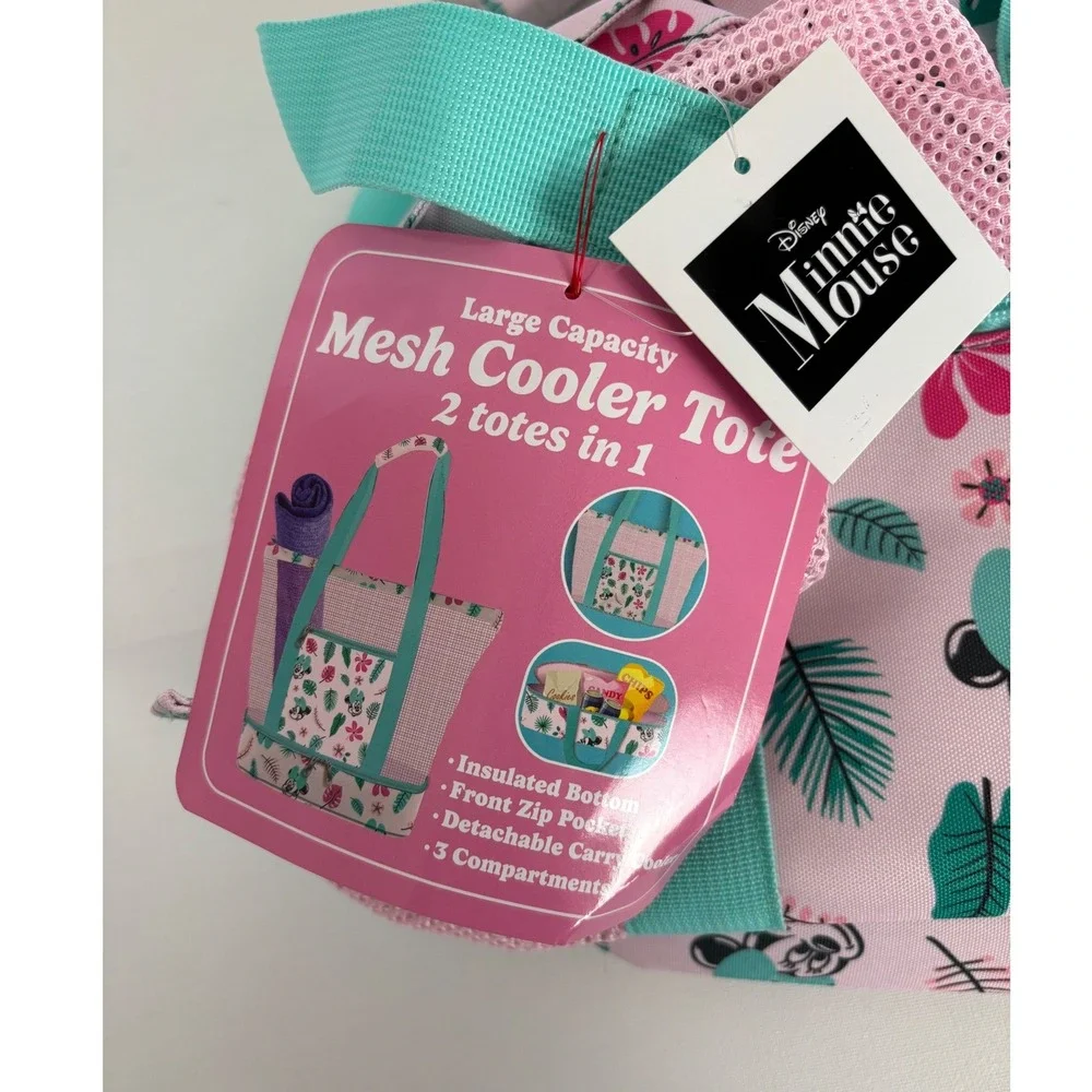 Disney Minnie Mouse Mesh Cooler Tote 2 in 1 Pink Tropical Beach Bag New
